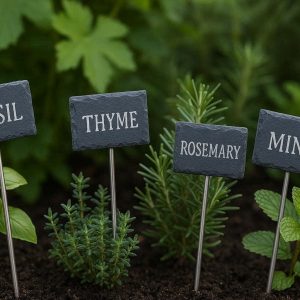 Elegant Natural Slate Plant Markers with Stainless Steel Rods for Decorative Herb Gardens and Long Lasting Outdoor Plant Identification