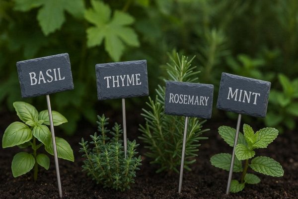 Elegant Natural Slate Plant Markers with Stainless Steel Rods for Decorative Herb Gardens and Long Lasting Outdoor Plant Identification