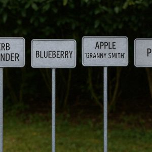 Metal Plant Labels with Large Zinc Nameplates and Tall Galvanized Steel Stakes for Permanent Outdoor Botanical Garden and Orchard Identification