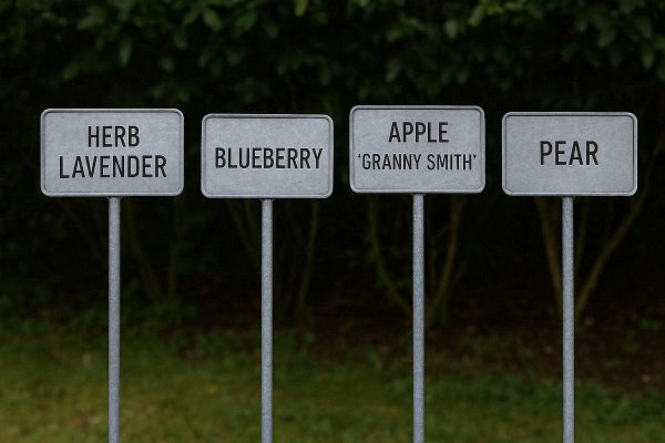 Metal Plant Labels with Large Zinc Nameplates and Tall Galvanized Steel Stakes for Permanent Outdoor Botanical Garden and Orchard Identification